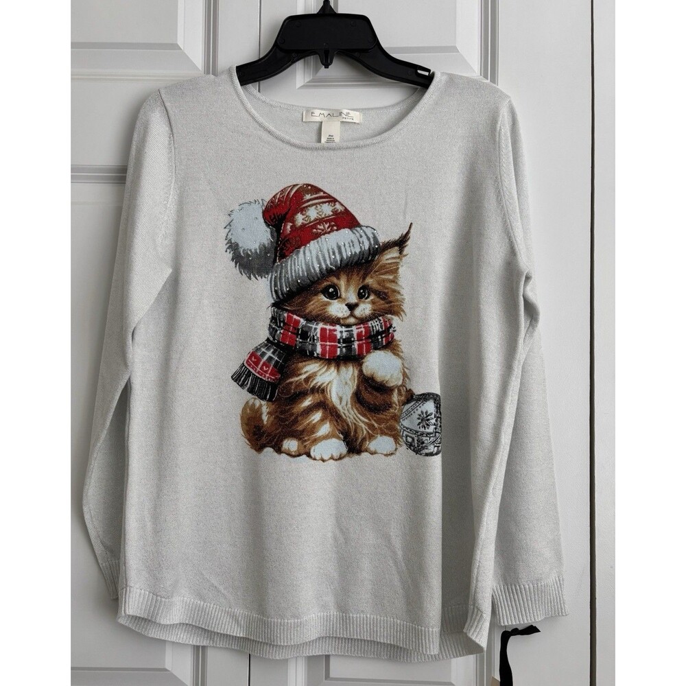 EMALINE WOMENS LIGHTWEIGHT SWEATER TOP CHRISTMAS CAT RHINESTONES PULLON